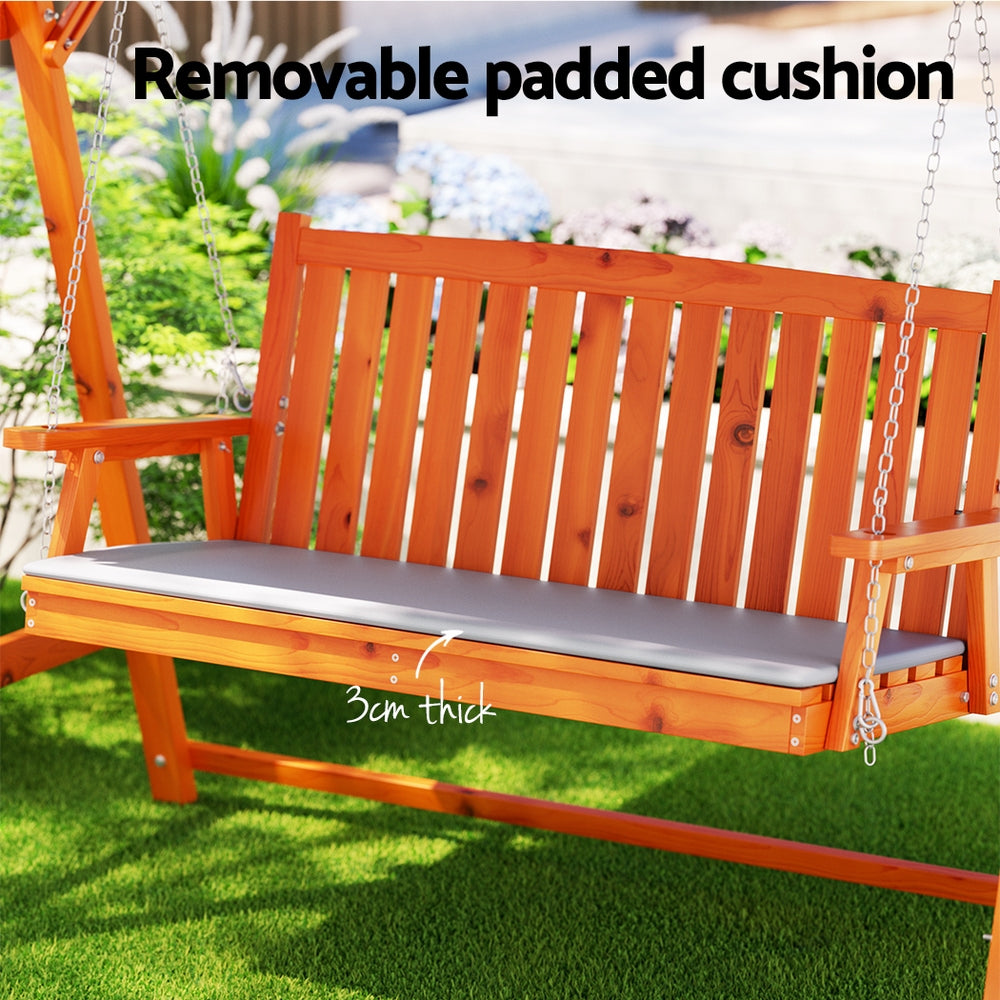 Gardeon 3-Seater Wooden Swing Chair – Teak Outdoor Garden Bench with Canopy & Cushion