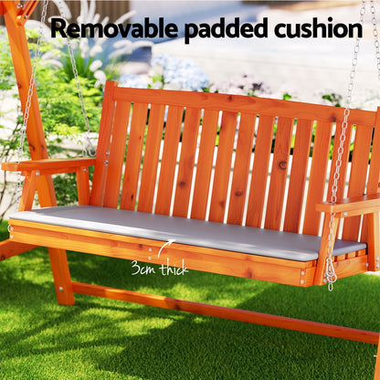 Gardeon 3-Seater Wooden Swing Chair – Teak Outdoor Garden Bench with Canopy & Cushion
