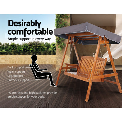 Gardeon 3-Seater Wooden Swing Chair – Teak Outdoor Garden Bench with Canopy & Cushion