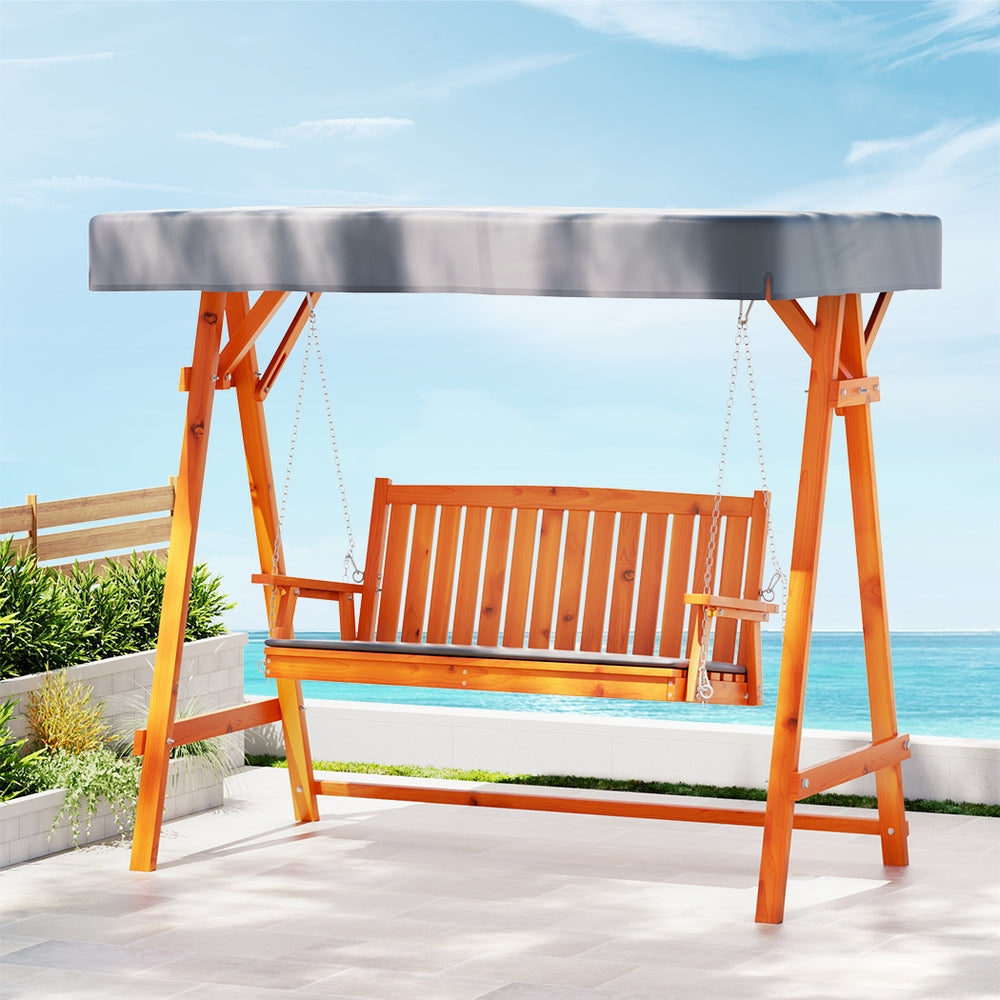 Gardeon 3-Seater Wooden Swing Chair – Teak Outdoor Garden Bench with Canopy & Cushion