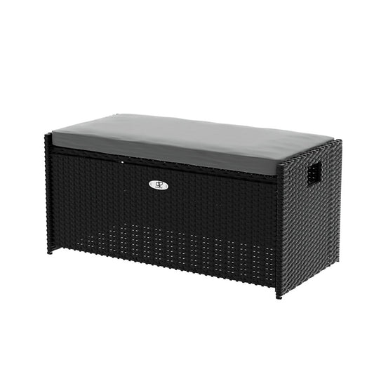 Gardeon Outdoor Storage Bench – Black Wicker Box with Cushion for Patio & Garden