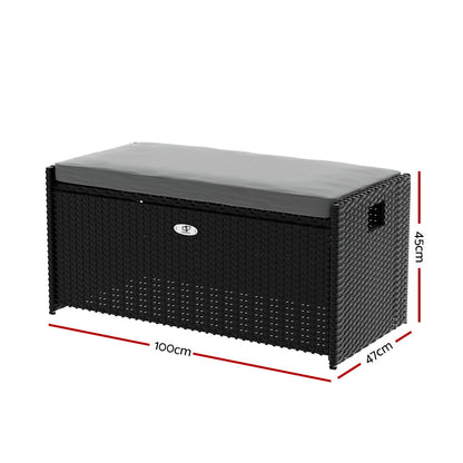 Gardeon Outdoor Storage Bench – Black Wicker Box with Cushion for Patio & Garden