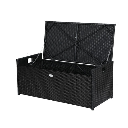 Gardeon Outdoor Storage Bench – Black Wicker Box with Cushion for Patio & Garden