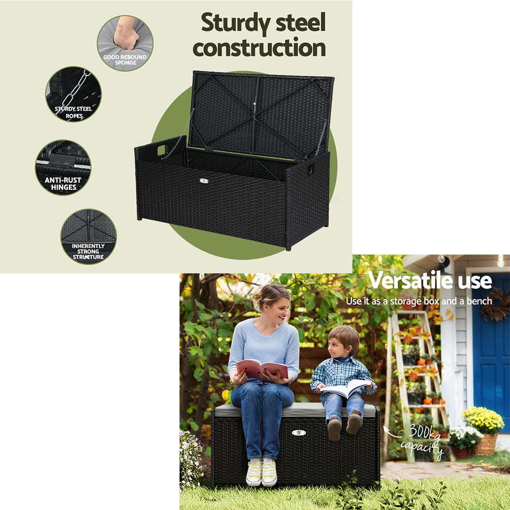Gardeon Outdoor Storage Bench – Black Wicker Box with Cushion for Patio & Garden