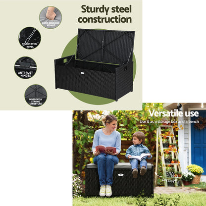 Gardeon Outdoor Storage Bench – Black Wicker Box with Cushion for Patio & Garden