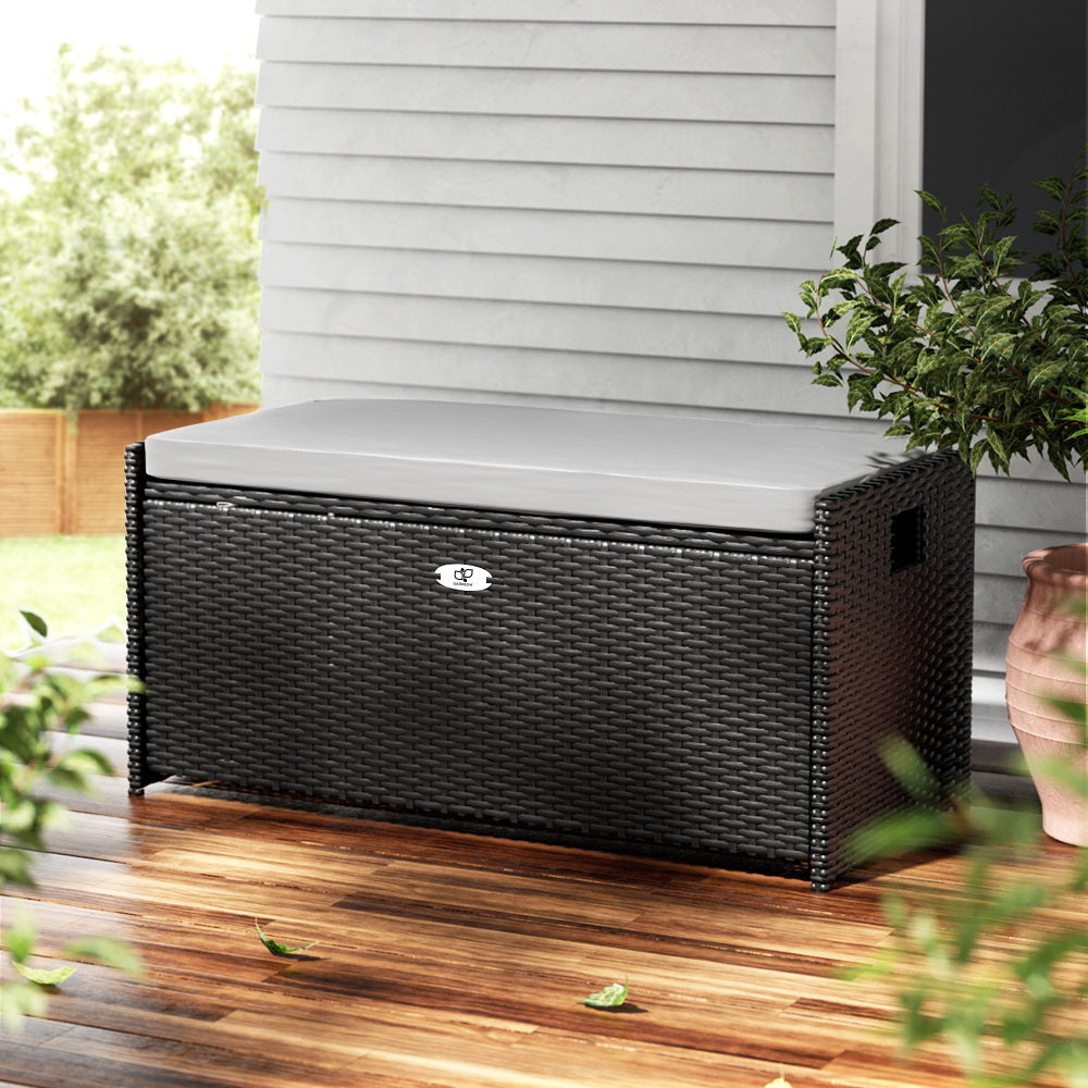 Gardeon Outdoor Storage Bench – Black Wicker Box with Cushion for Patio & Garden