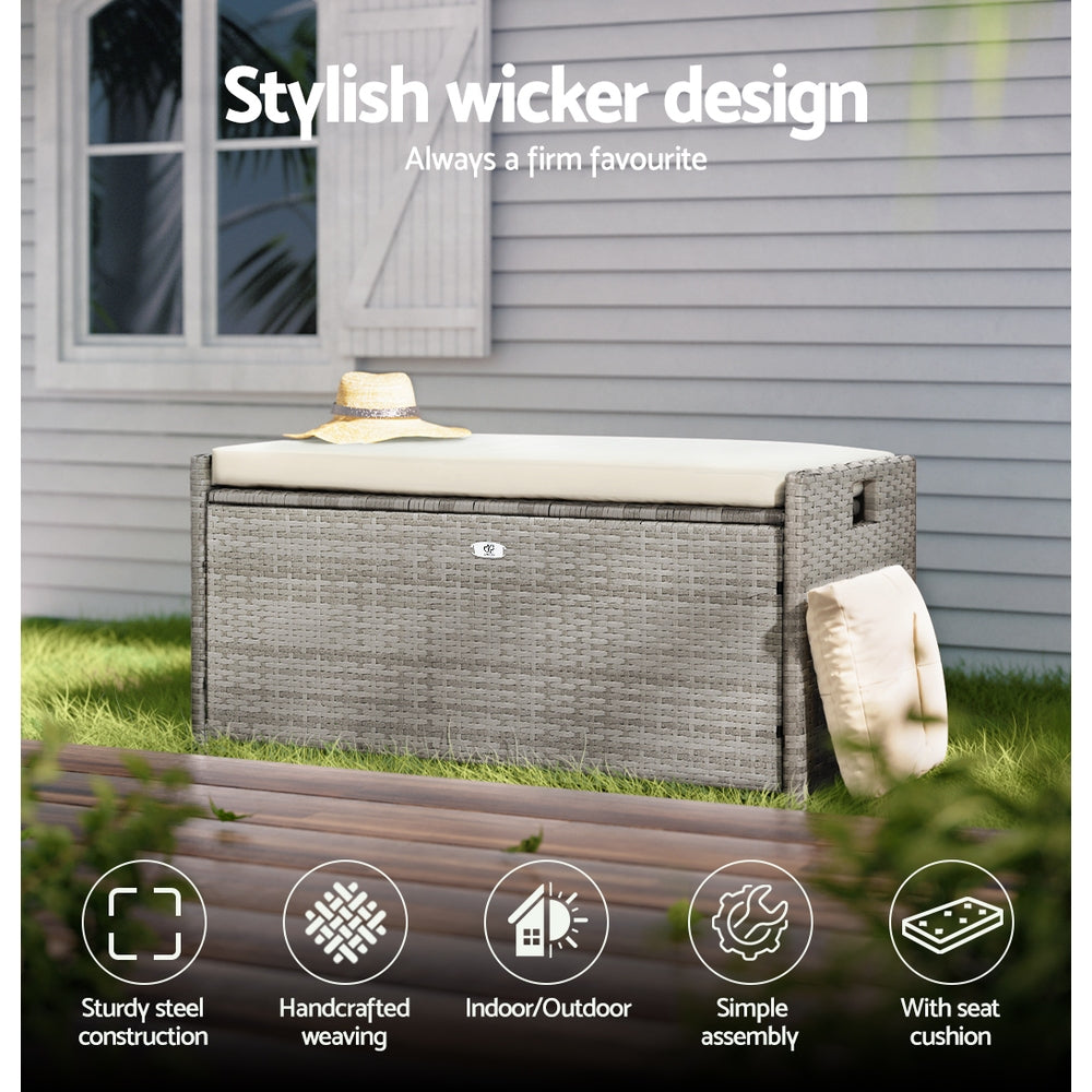 Gardeon Outdoor Storage Bench Box – Grey Wicker Garden Seat for Tools & Cushions