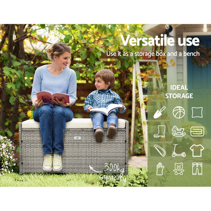 Gardeon Outdoor Storage Bench Box – Grey Wicker Garden Seat for Tools & Cushions