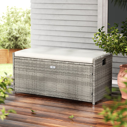 Gardeon Outdoor Storage Bench Box – Grey Wicker Garden Seat for Tools & Cushions