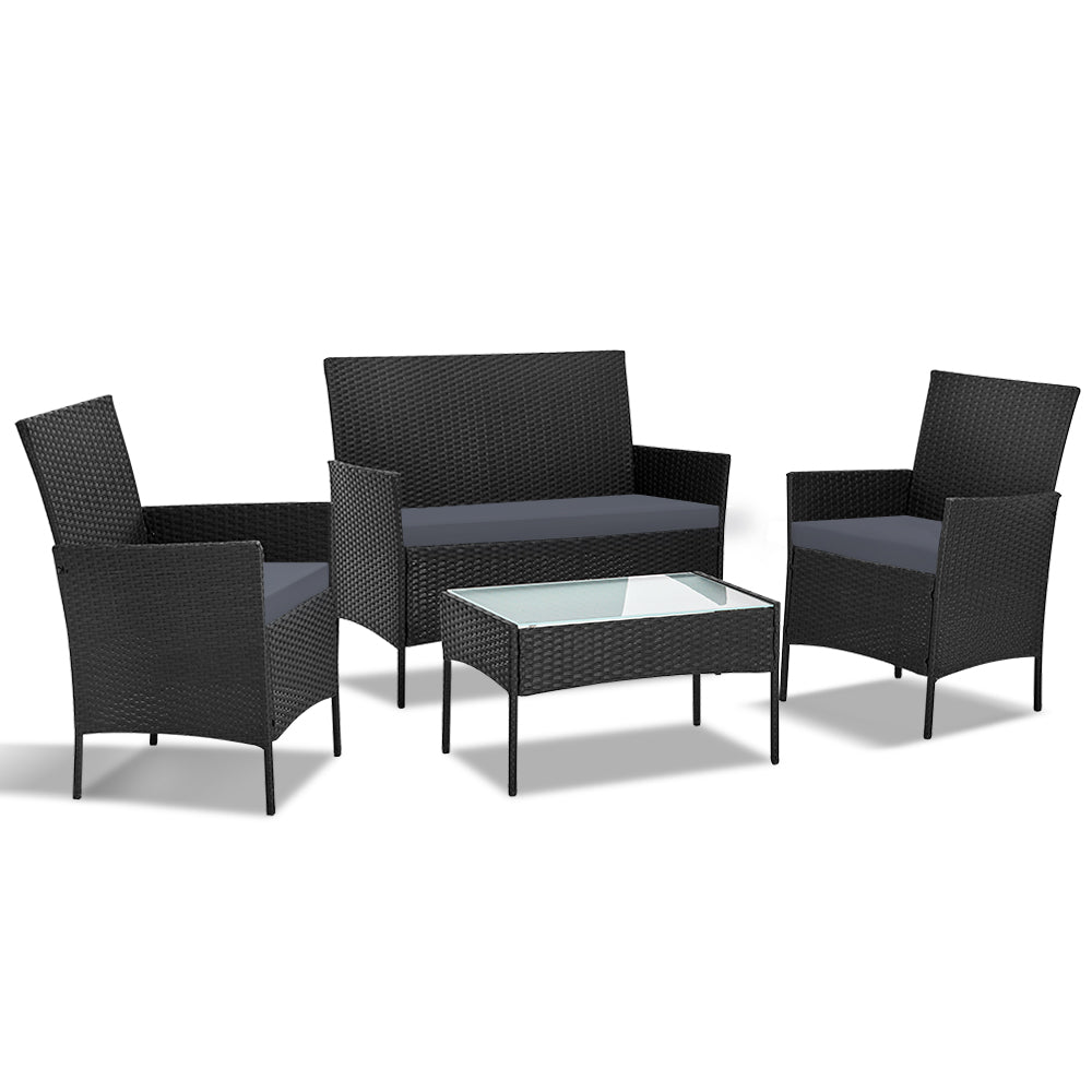 Gardeon 4-Seater Outdoor Sofa Set – Black Wicker Lounge with Table & Chairs