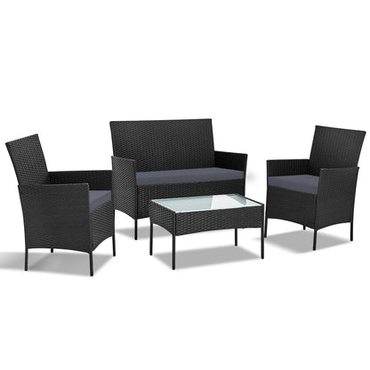 Gardeon 4-Seater Outdoor Sofa Set – Black Wicker Lounge with Table & Chairs