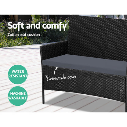 Gardeon 4-Seater Outdoor Sofa Set – Black Wicker Lounge with Table & Chairs