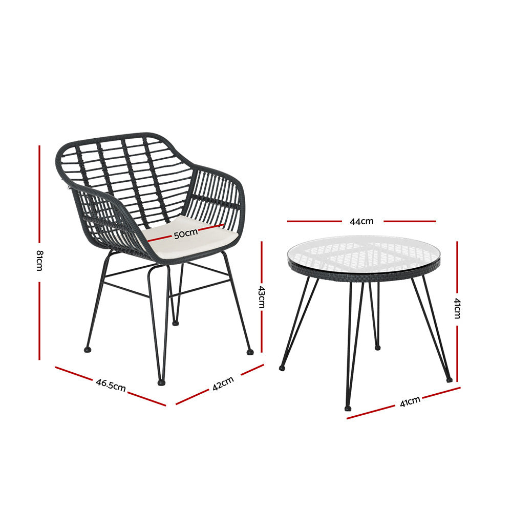 Gardeon 3PC Outdoor Bistro Set – Grey Patio Table & Chairs with Cushions
