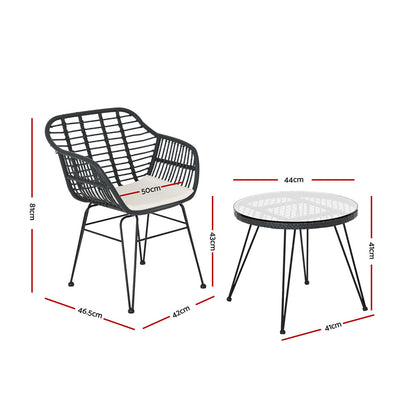 Gardeon 3PC Outdoor Bistro Set – Grey Patio Table & Chairs with Cushions