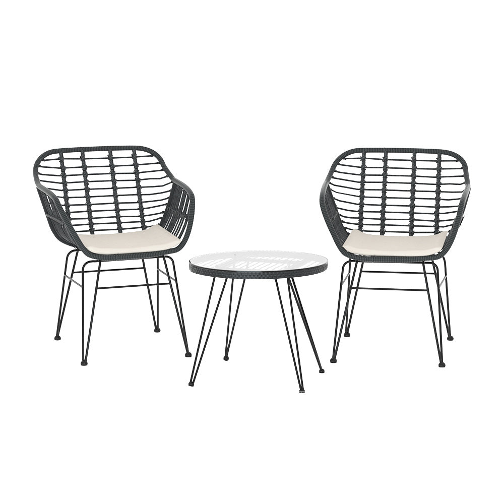 Gardeon 3PC Outdoor Bistro Set – Grey Patio Table & Chairs with Cushions