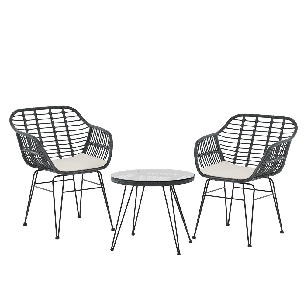 Gardeon 3PC Outdoor Bistro Set – Grey Patio Table & Chairs with Cushions