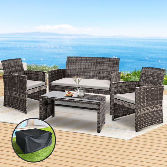 Gardeon 4PCS Outdoor Sofa Set – Grey Rattan Chairs with Table & Storage Cover