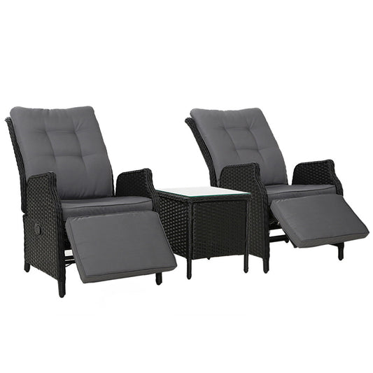 Gardeon 3PC Outdoor Recliner Set – Black Wicker Sun Lounges with Adjustable Table
