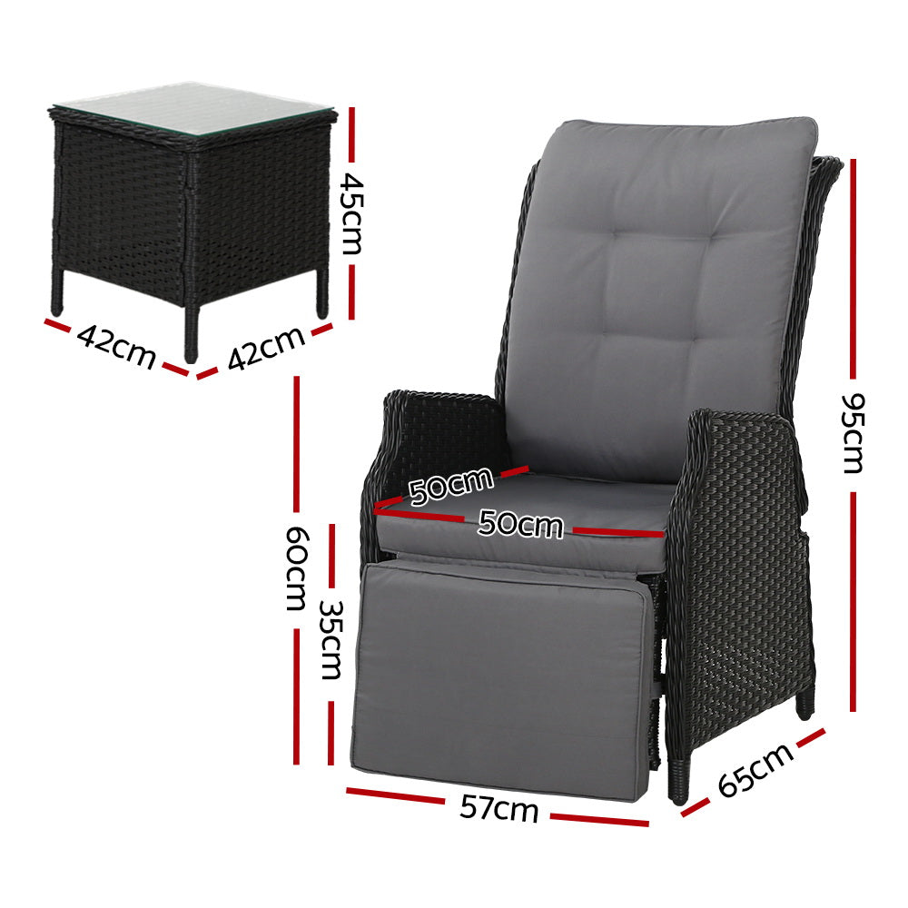 Gardeon 3PC Outdoor Recliner Set – Black Wicker Sun Lounges with Adjustable Table