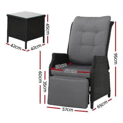 Gardeon 3PC Outdoor Recliner Set – Black Wicker Sun Lounges with Adjustable Table