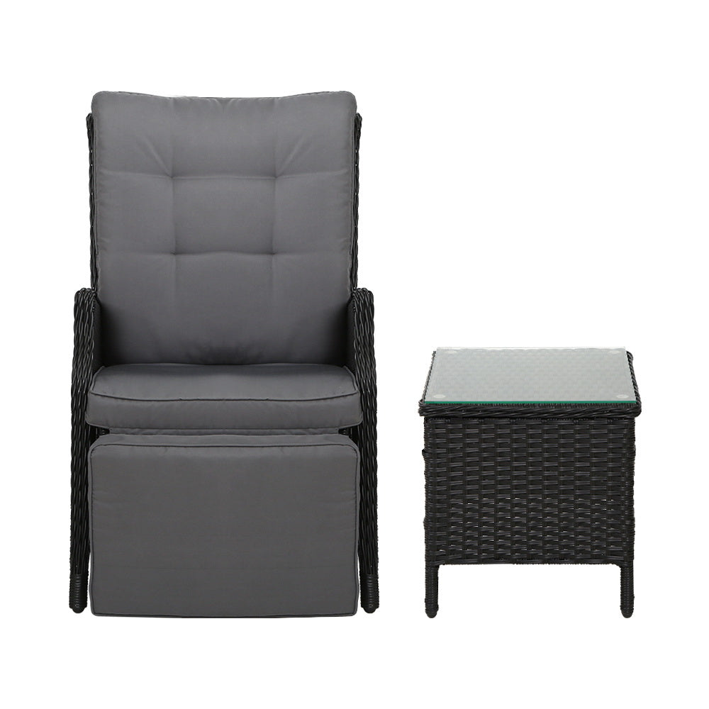Gardeon 3PC Outdoor Recliner Set – Black Wicker Sun Lounges with Adjustable Table
