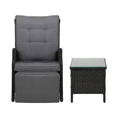 Gardeon 3PC Outdoor Recliner Set – Black Wicker Sun Lounges with Adjustable Table