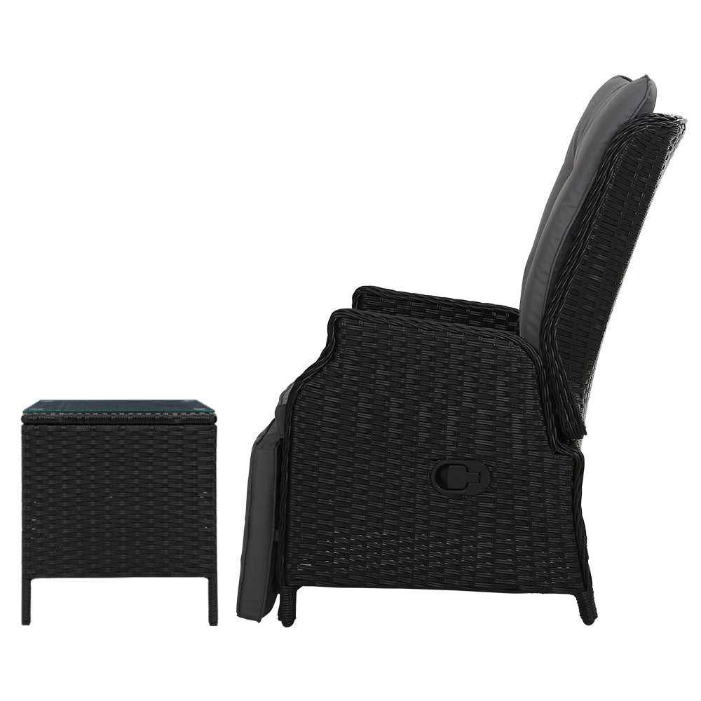 Gardeon 3PC Outdoor Recliner Set – Black Wicker Sun Lounges with Adjustable Table