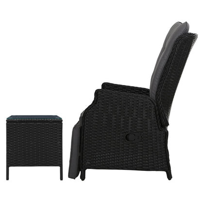 Gardeon 3PC Outdoor Recliner Set – Black Wicker Sun Lounges with Adjustable Table