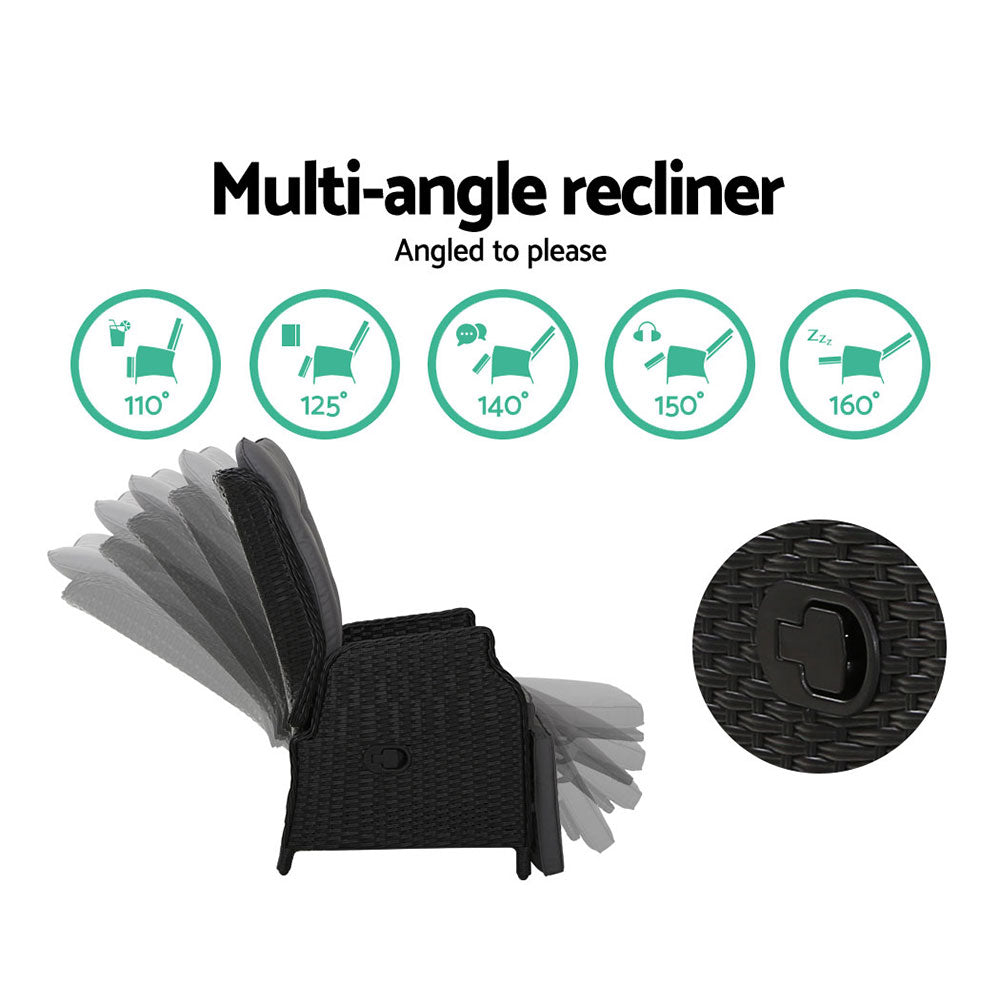 Gardeon 3PC Outdoor Recliner Set – Black Wicker Sun Lounges with Adjustable Table