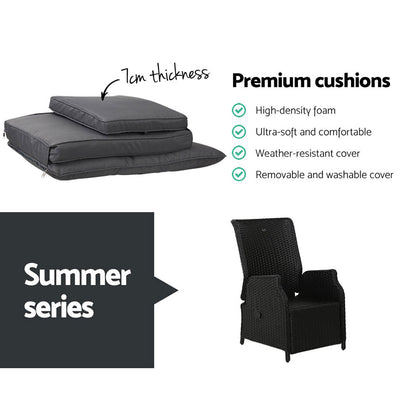 Gardeon 3PC Outdoor Recliner Set – Black Wicker Sun Lounges with Adjustable Table