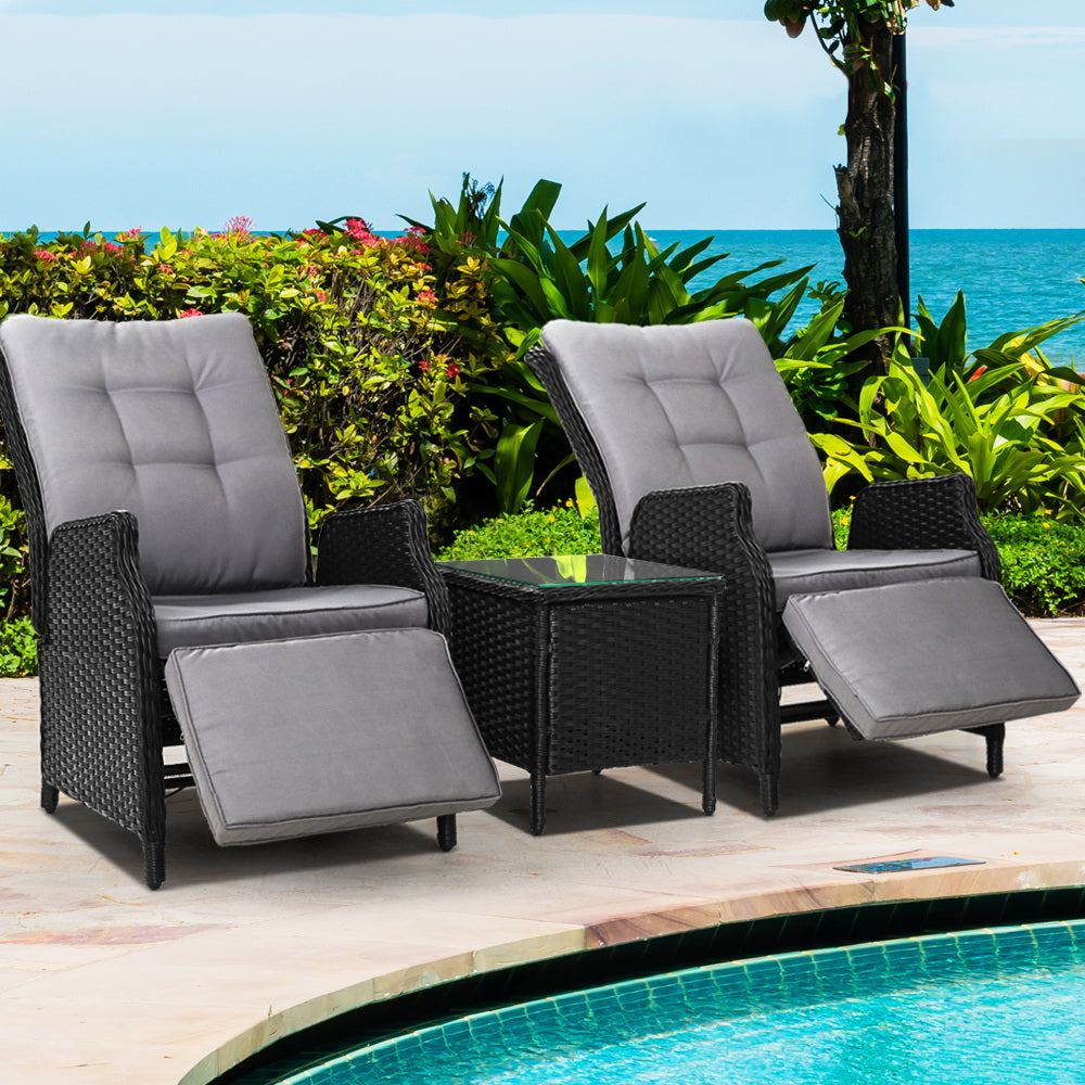 Gardeon 3PC Outdoor Recliner Set – Black Wicker Sun Lounges with Adjustable Table