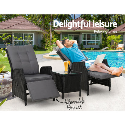 Gardeon 3PC Outdoor Recliner Set – Black Wicker Sun Lounges with Adjustable Table