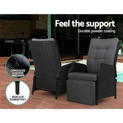 Gardeon 3PC Outdoor Recliner Set – Black Wicker Sun Lounges with Adjustable Table