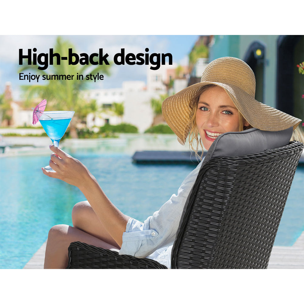 Gardeon 3PC Outdoor Recliner Set – Black Wicker Sun Lounges with Adjustable Table