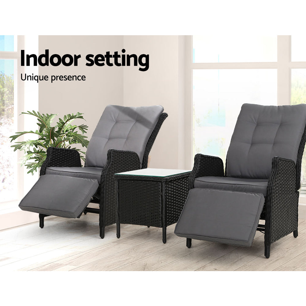 Gardeon 3PC Outdoor Recliner Set – Black Wicker Sun Lounges with Adjustable Table