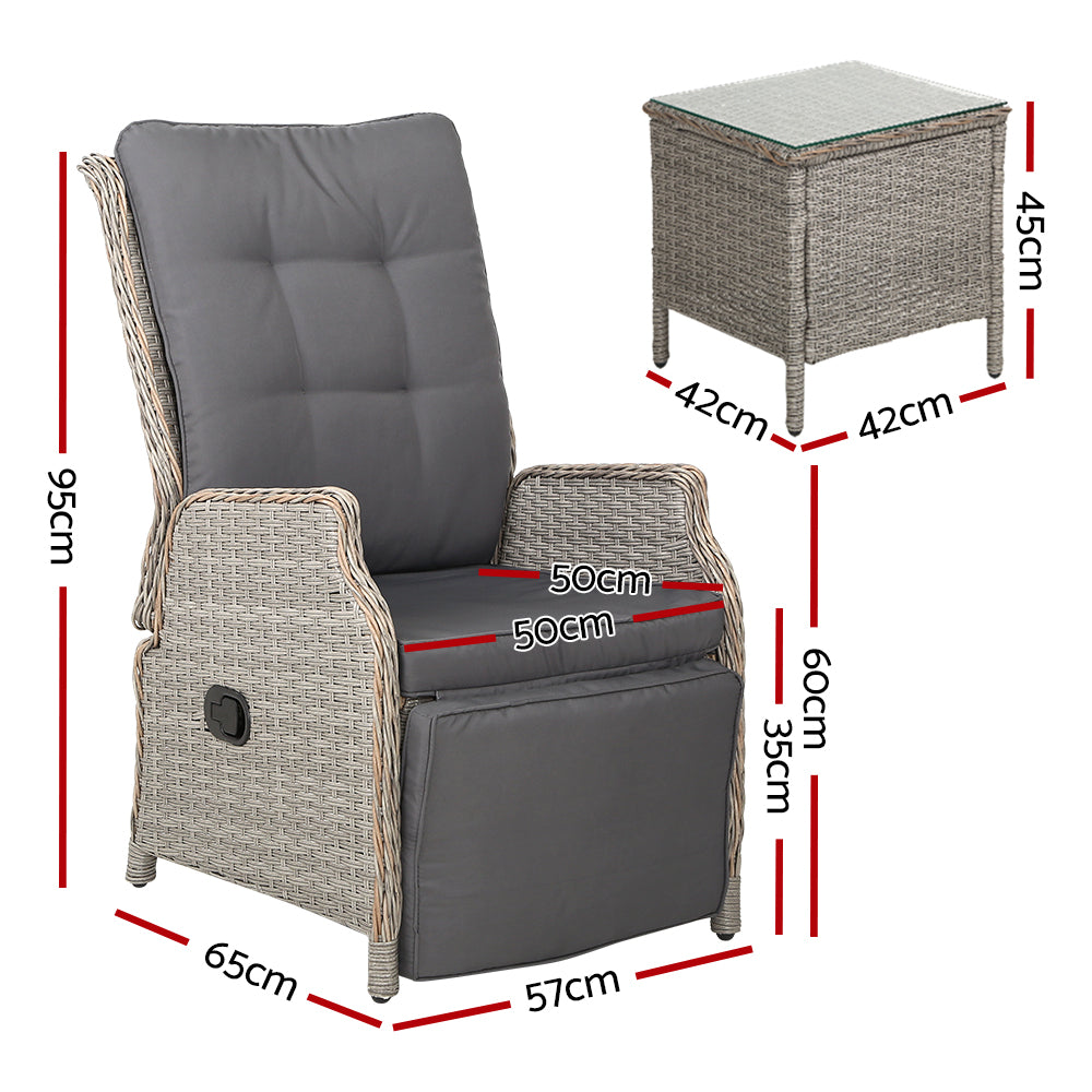 Gardeon 3PC Outdoor Recliner Set – Adjustable Grey Wicker Sun Lounges with Table