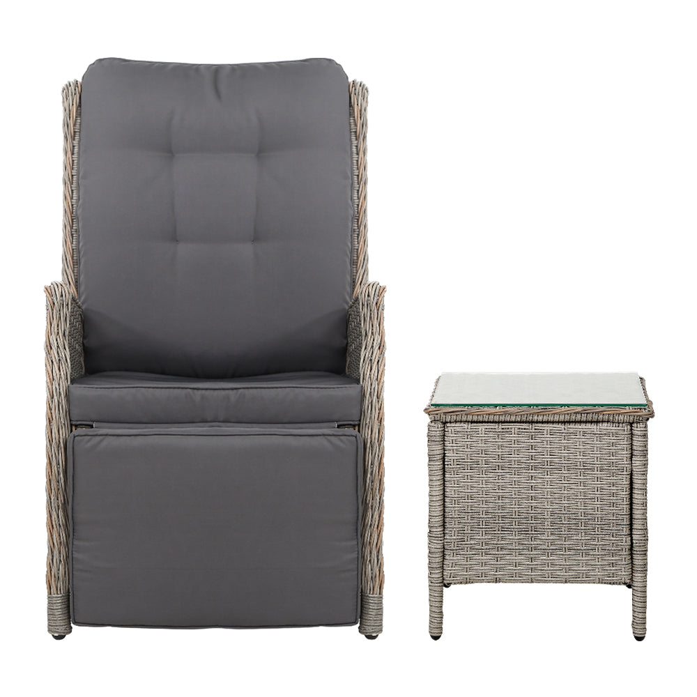Gardeon 3PC Outdoor Recliner Set – Adjustable Grey Wicker Sun Lounges with Table