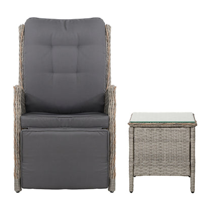 Gardeon 3PC Outdoor Recliner Set – Adjustable Grey Wicker Sun Lounges with Table