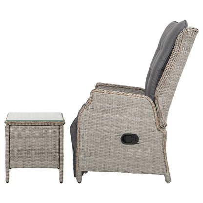 Gardeon 3PC Outdoor Recliner Set – Adjustable Grey Wicker Sun Lounges with Table