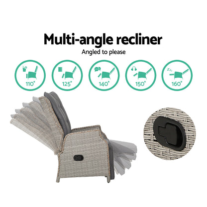 Gardeon 3PC Outdoor Recliner Set – Adjustable Grey Wicker Sun Lounges with Table