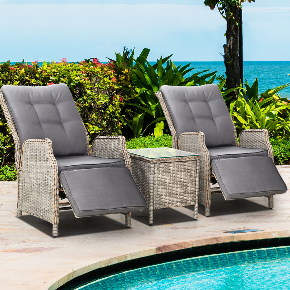 Gardeon 3PC Outdoor Recliner Set – Adjustable Grey Wicker Sun Lounges with Table