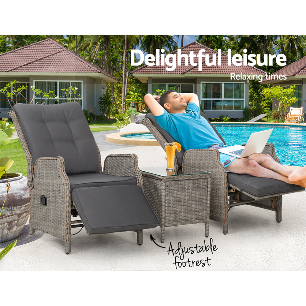 Gardeon 3PC Outdoor Recliner Set – Adjustable Grey Wicker Sun Lounges with Table