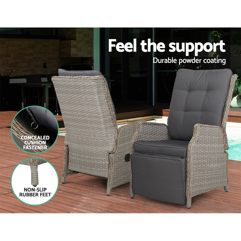 Gardeon 3PC Outdoor Recliner Set – Adjustable Grey Wicker Sun Lounges with Table