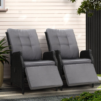 Gardeon 2PC Recliner Sun Lounges – Adjustable Wicker Outdoor Chairs (Black)