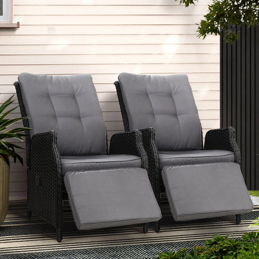 Gardeon 2PC Recliner Sun Lounges – Adjustable Wicker Outdoor Chairs (Black)
