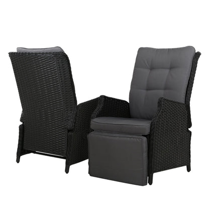 Gardeon 2PC Recliner Sun Lounges – Adjustable Wicker Outdoor Chairs (Black)