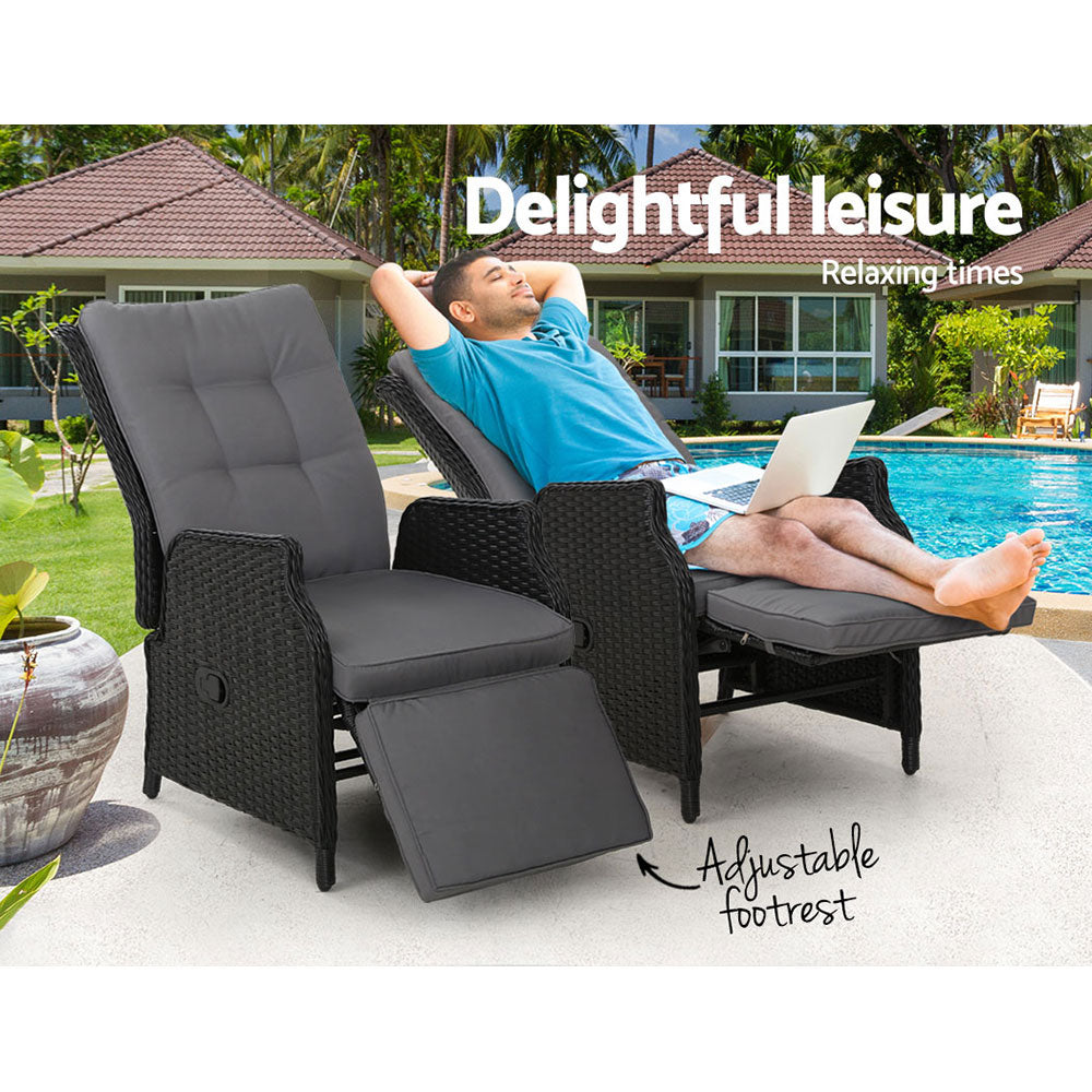 Gardeon 2PC Recliner Sun Lounges – Adjustable Wicker Outdoor Chairs (Black)