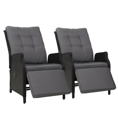 Gardeon 2PC Recliner Sun Lounges – Adjustable Wicker Outdoor Chairs (Black)