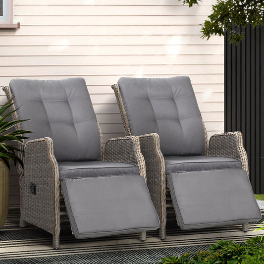 Gardeon 2PC Recliner Sun Lounge Chairs – Grey Adjustable Wicker Outdoor Furniture