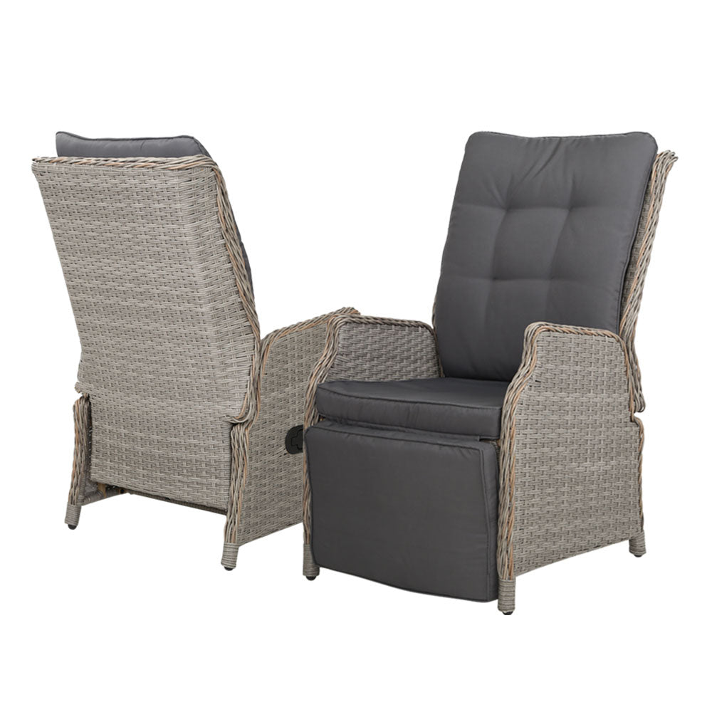 Gardeon 2PC Recliner Sun Lounge Chairs – Grey Adjustable Wicker Outdoor Furniture